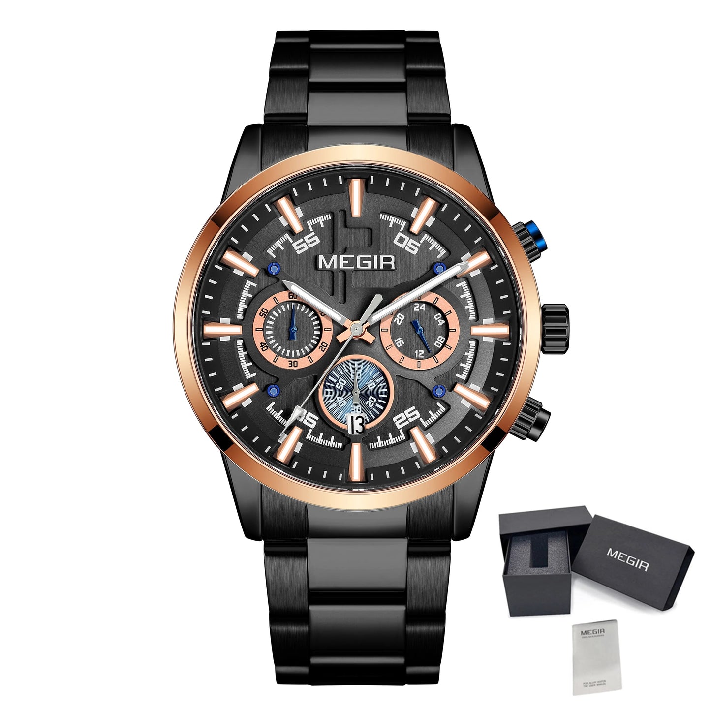 MEGIR Luxury Watch Mens Business Watches Calendar Stainless Steel Quartz Wrist Watch Clock Casual Chronograph Relogio Masculino