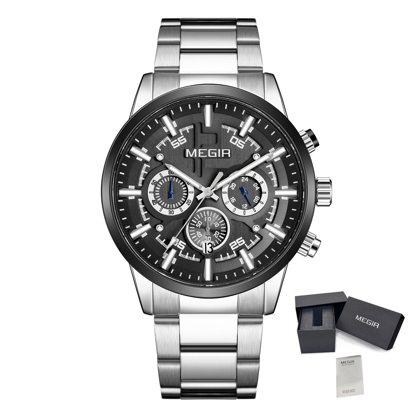 MEGIR Luxury Watch Mens Business Watches Calendar Stainless Steel Quartz Wrist Watch Clock Casual Chronograph Relogio Masculino