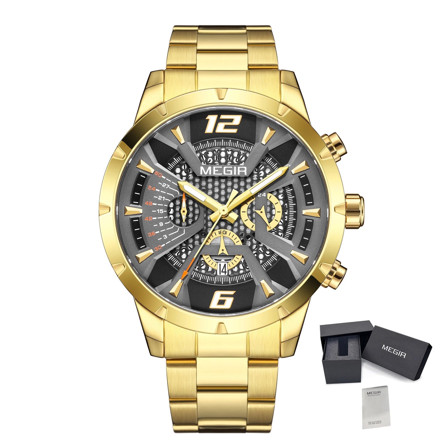 MEGIR Stainless Steel Watch for Men Luxury Business Watch Casual Quartz Date Clock Chronograph Big Dial Wristwatch Reloj Hombre