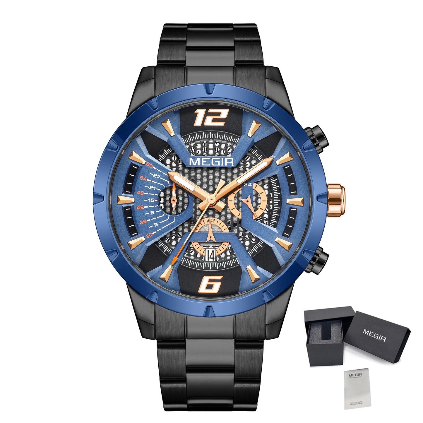 MEGIR Stainless Steel Watch for Men Luxury Business Watch Casual Quartz Date Clock Chronograph Big Dial Wristwatch Reloj Hombre