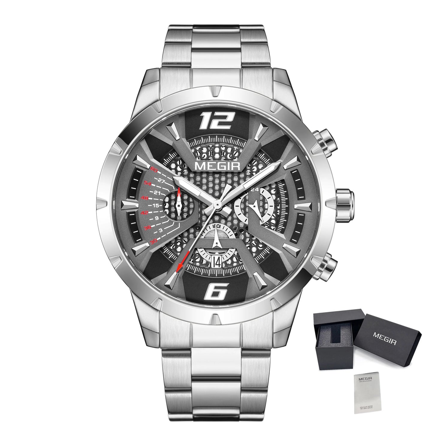 MEGIR Stainless Steel Watch for Men Luxury Business Watch Casual Quartz Date Clock Chronograph Big Dial Wristwatch Reloj Hombre