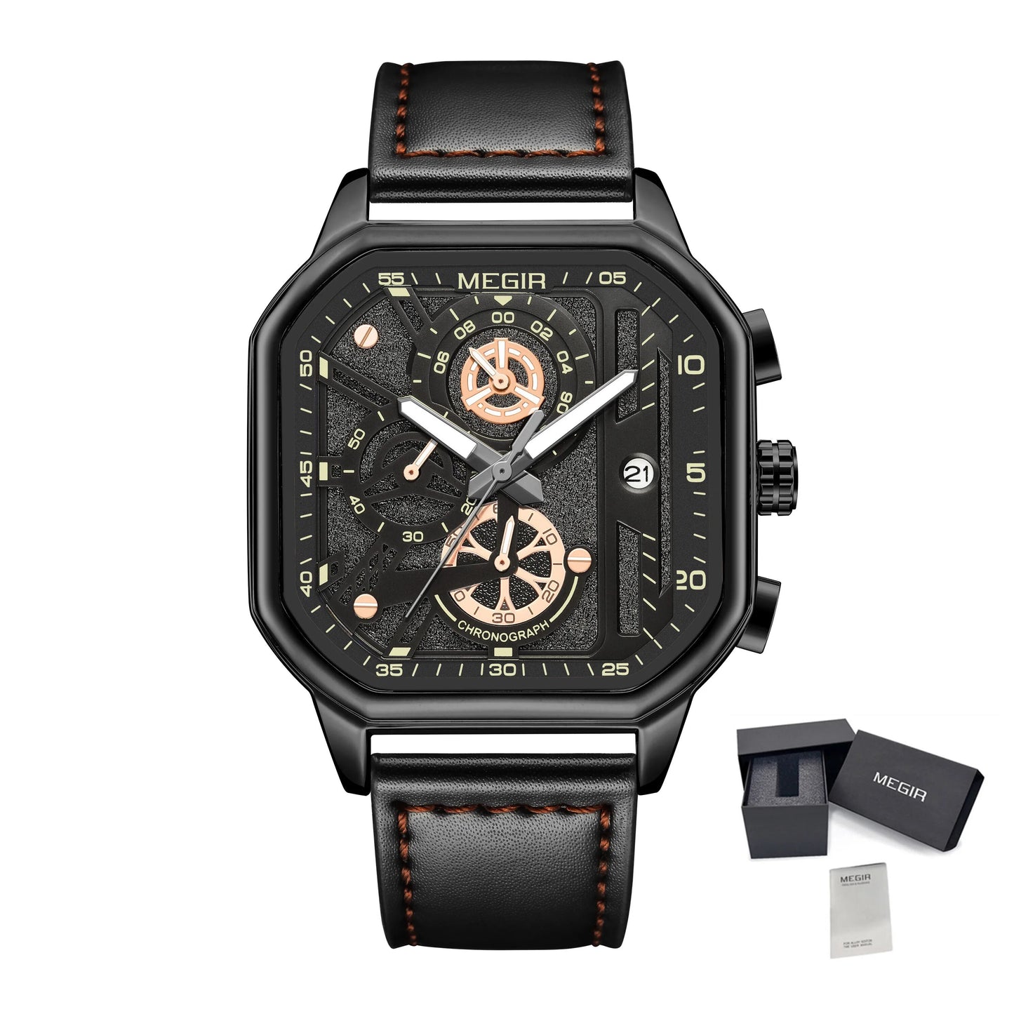 MEGIR Fashion Men's Squre Sport Watch Quartz Chronograph Luminous Military WristWatches Leather Luminous Date Clock Reloj Hombre