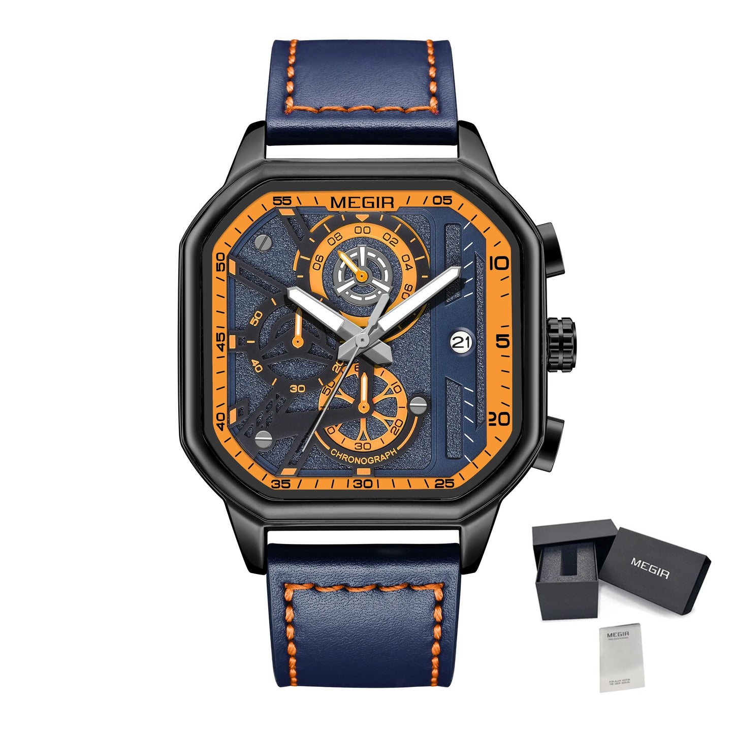 MEGIR Fashion Men's Squre Sport Watch Quartz Chronograph Luminous Military WristWatches Leather Luminous Date Clock Reloj Hombre