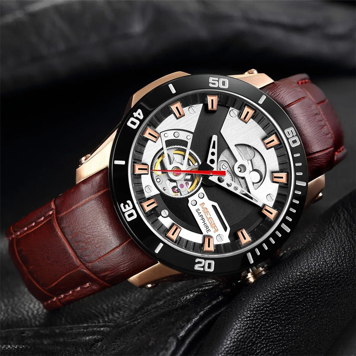 MEGIR Fashion Leather Watches for Men Sapphire Stainless Steel Automatic Mechanical Watch Sports Clock Montre Homme