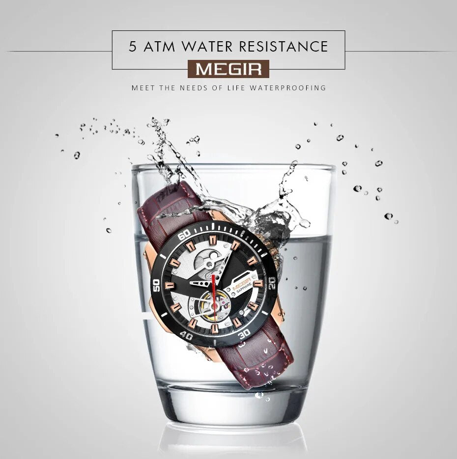 MEGIR Fashion Leather Watches for Men Sapphire Stainless Steel Automatic Mechanical Watch Sports Clock Montre Homme