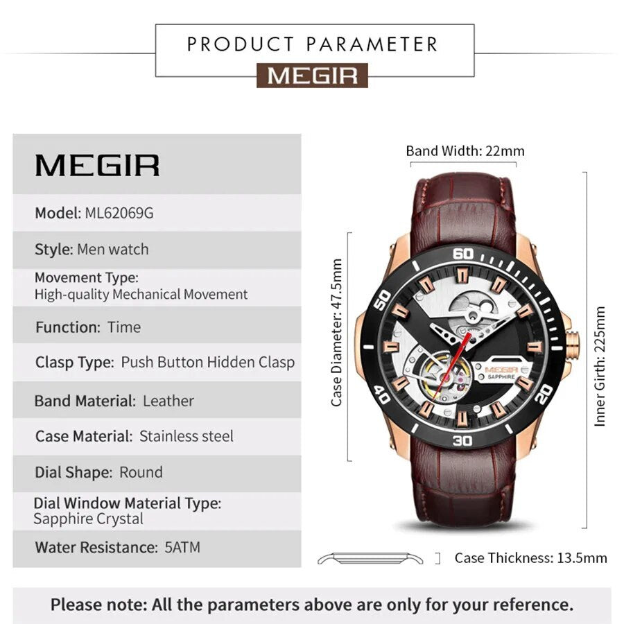 MEGIR Fashion Leather Watches for Men Sapphire Stainless Steel Automatic Mechanical Watch Sports Clock Montre Homme