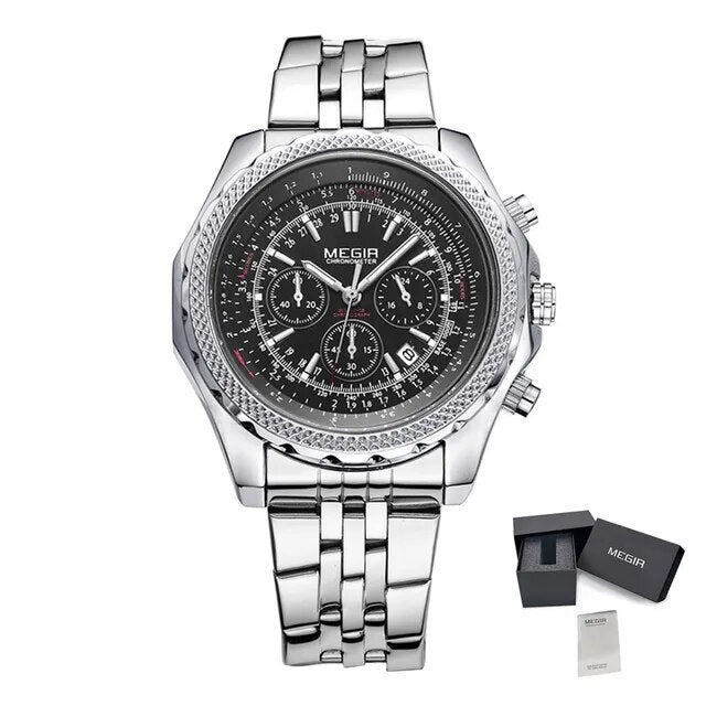 MEGIR Fashion Business Men's Watch Stainless Steel Quartz Wristwatch Calendar Big Dial Man Military Sports Chronograph Clock-9