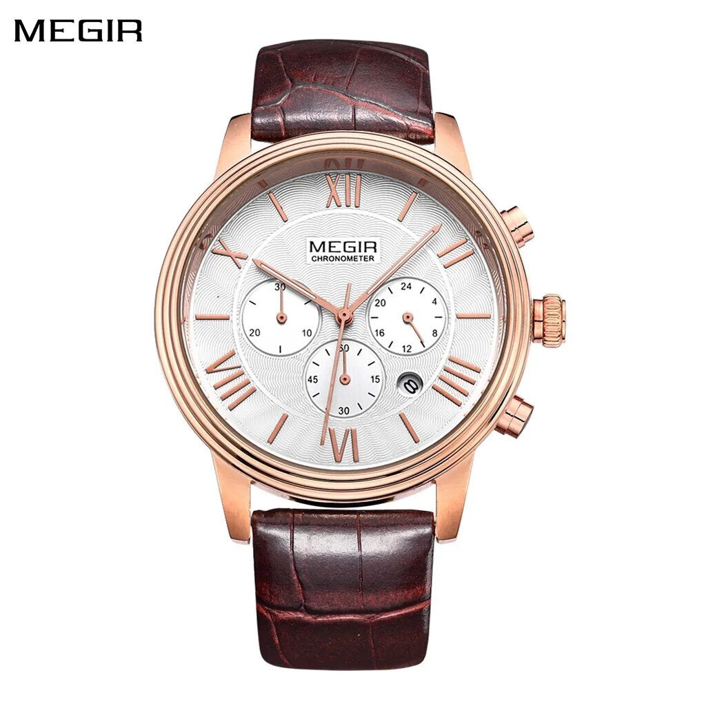 MEGIR Brown Retro Sports Quartz Men's Watches Large Dial Chronograph Clock Fashion Multifunctional Men Wrist Watch Montre Homme-0