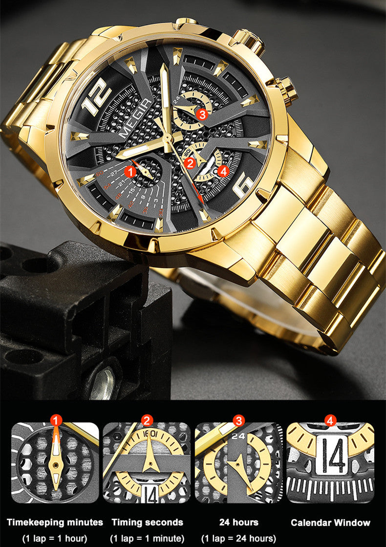 MEGIR Stainless Steel Watch for Men Luxury Business Watch Casual Quartz Date Clock Chronograph Big Dial Wristwatch Reloj Hombre