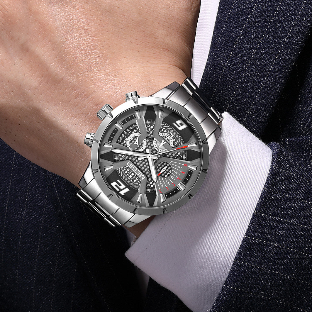 MEGIR Stainless Steel Watch for Men Luxury Business Watch Casual Quartz Date Clock Chronograph Big Dial Wristwatch Reloj Hombre