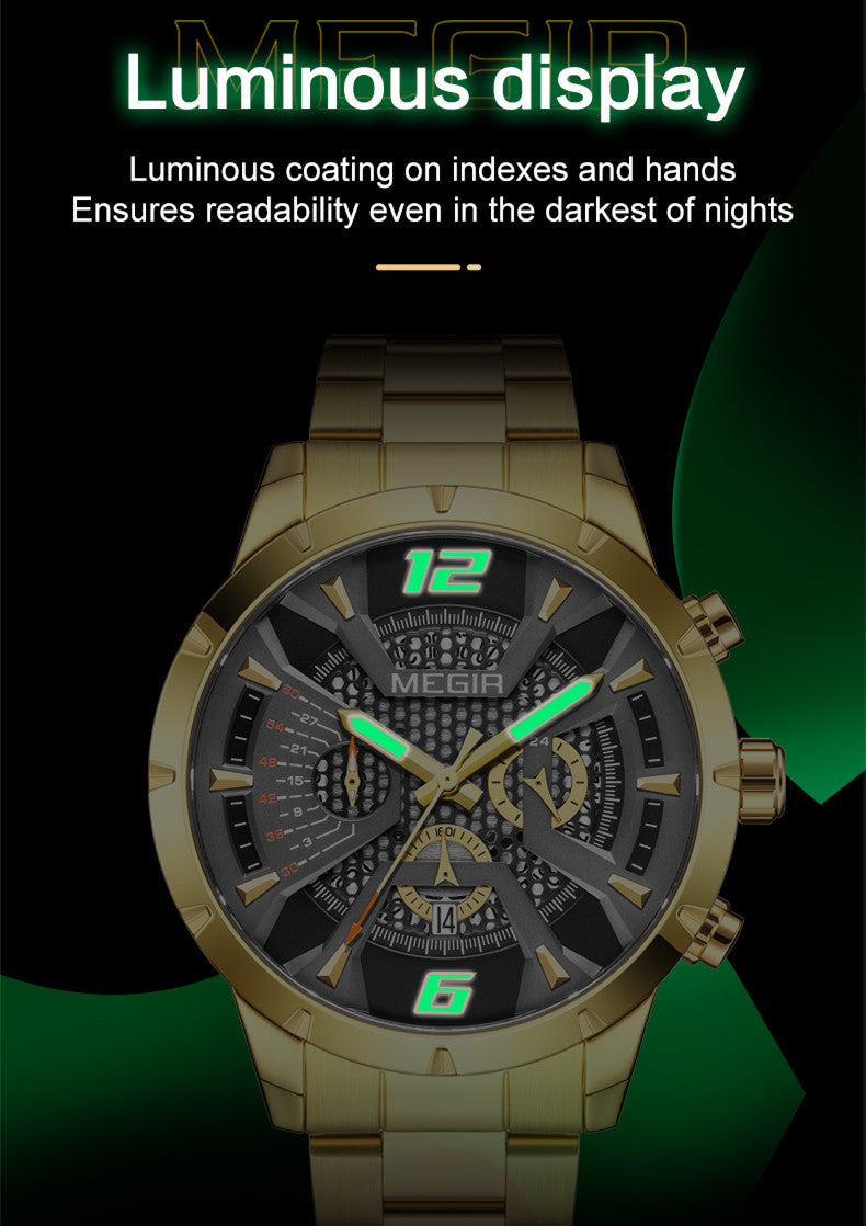 MEGIR Stainless Steel Watch for Men Luxury Business Watch Casual Quartz Date Clock Chronograph Big Dial Wristwatch Reloj Hombre
