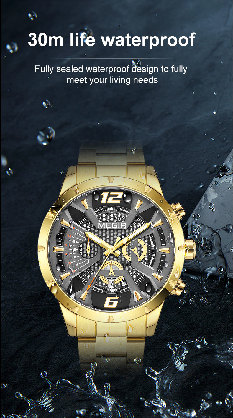MEGIR Stainless Steel Watch for Men Luxury Business Watch Casual Quartz Date Clock Chronograph Big Dial Wristwatch Reloj Hombre