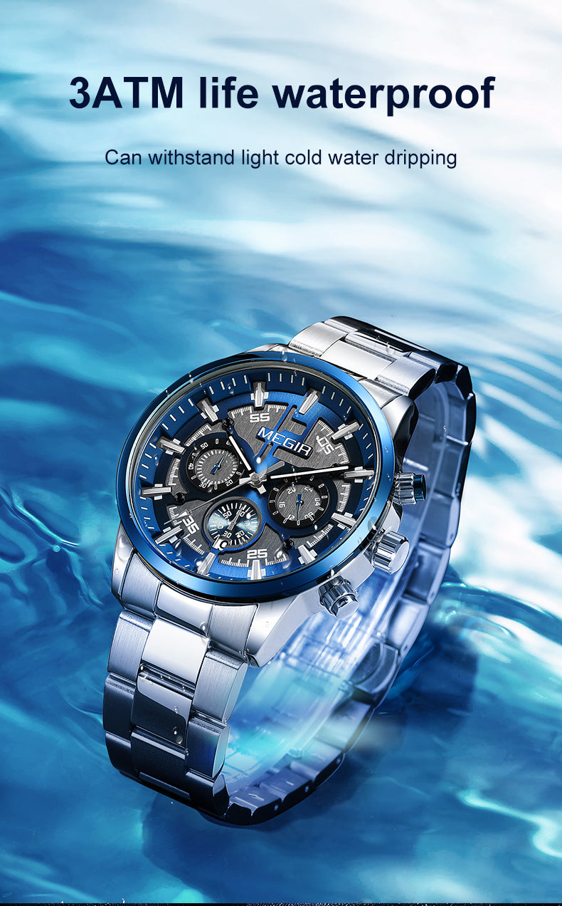 MEGIR Luxury Watch Mens Business Watches Calendar Stainless Steel Quartz Wrist Watch Clock Casual Chronograph Relogio Masculino