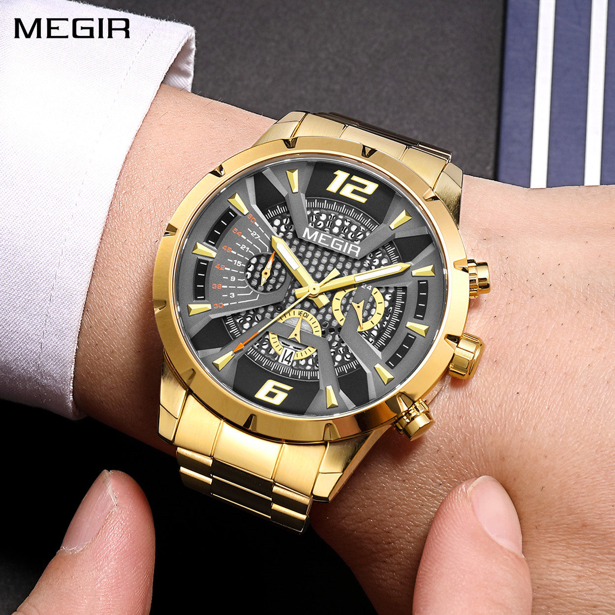 MEGIR Stainless Steel Watch for Men Luxury Business Watch Casual Quartz Date Clock Chronograph Big Dial Wristwatch Reloj Hombre