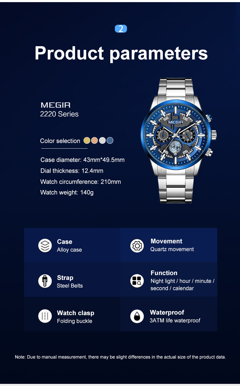 MEGIR Luxury Watch Mens Business Watches Calendar Stainless Steel Quartz Wrist Watch Clock Casual Chronograph Relogio Masculino