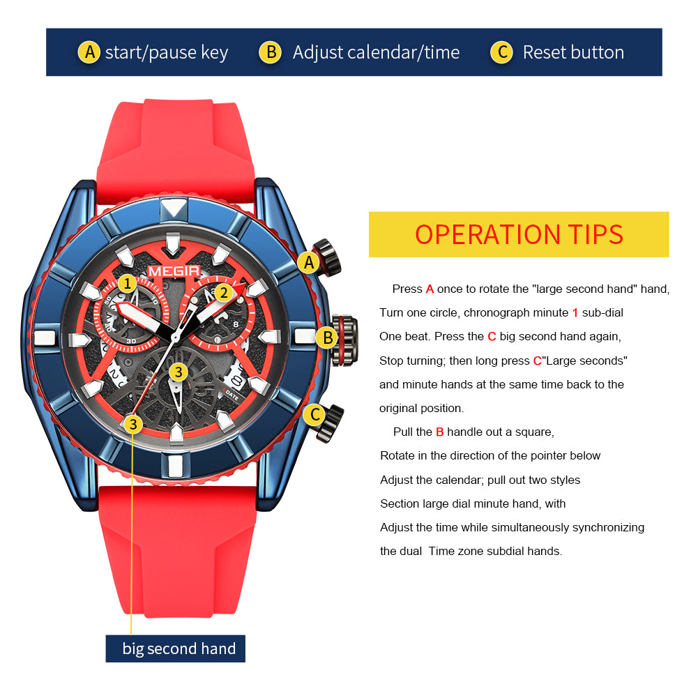 MEGIR Big Dial Watches Men Quartz Military Watch Silicone Strap Sport Watch Waterproof Clock Male Chronograph Relogio Masculino