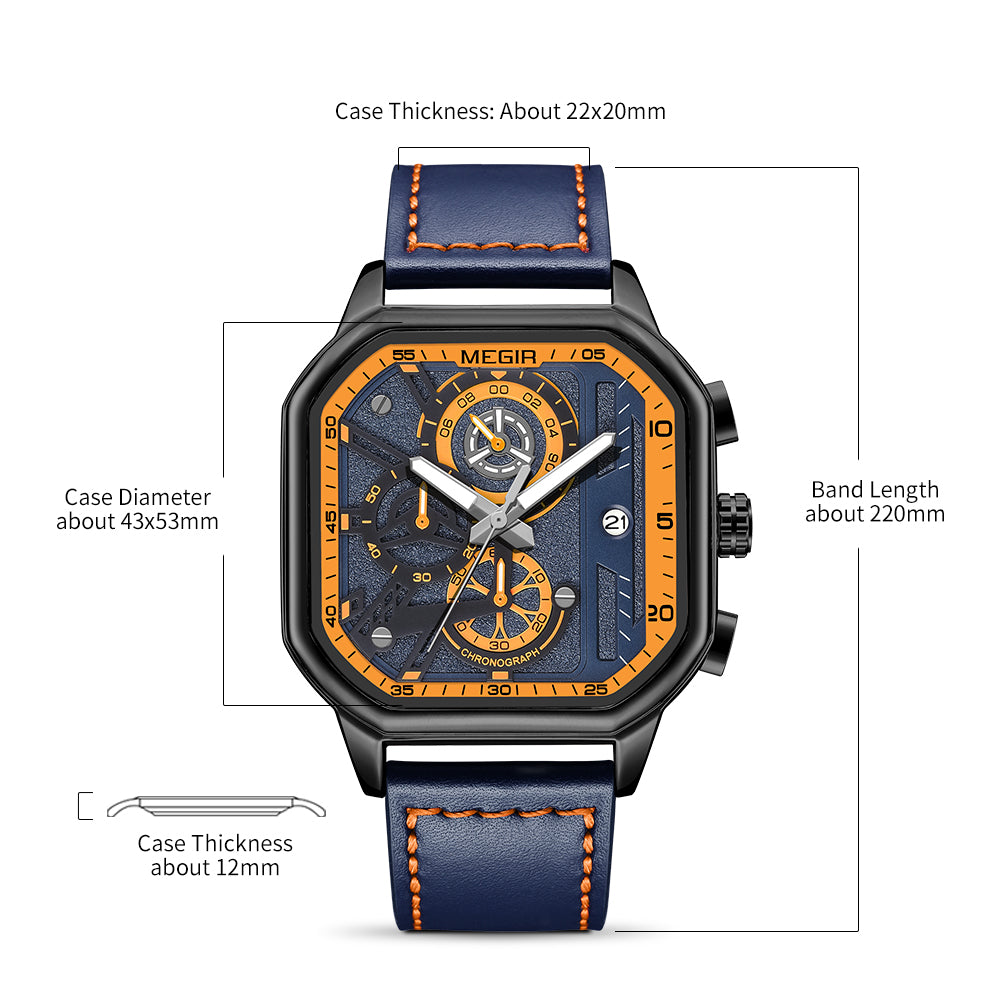 MEGIR Fashion Men's Squre Sport Watch Quartz Chronograph Luminous Military WristWatches Leather Luminous Date Clock Reloj Hombre