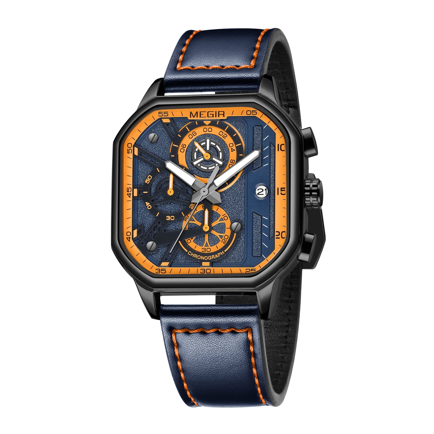 MEGIR Fashion Men's Squre Sport Watch Quartz Chronograph Luminous Military WristWatches Leather Luminous Date Clock Reloj Hombre