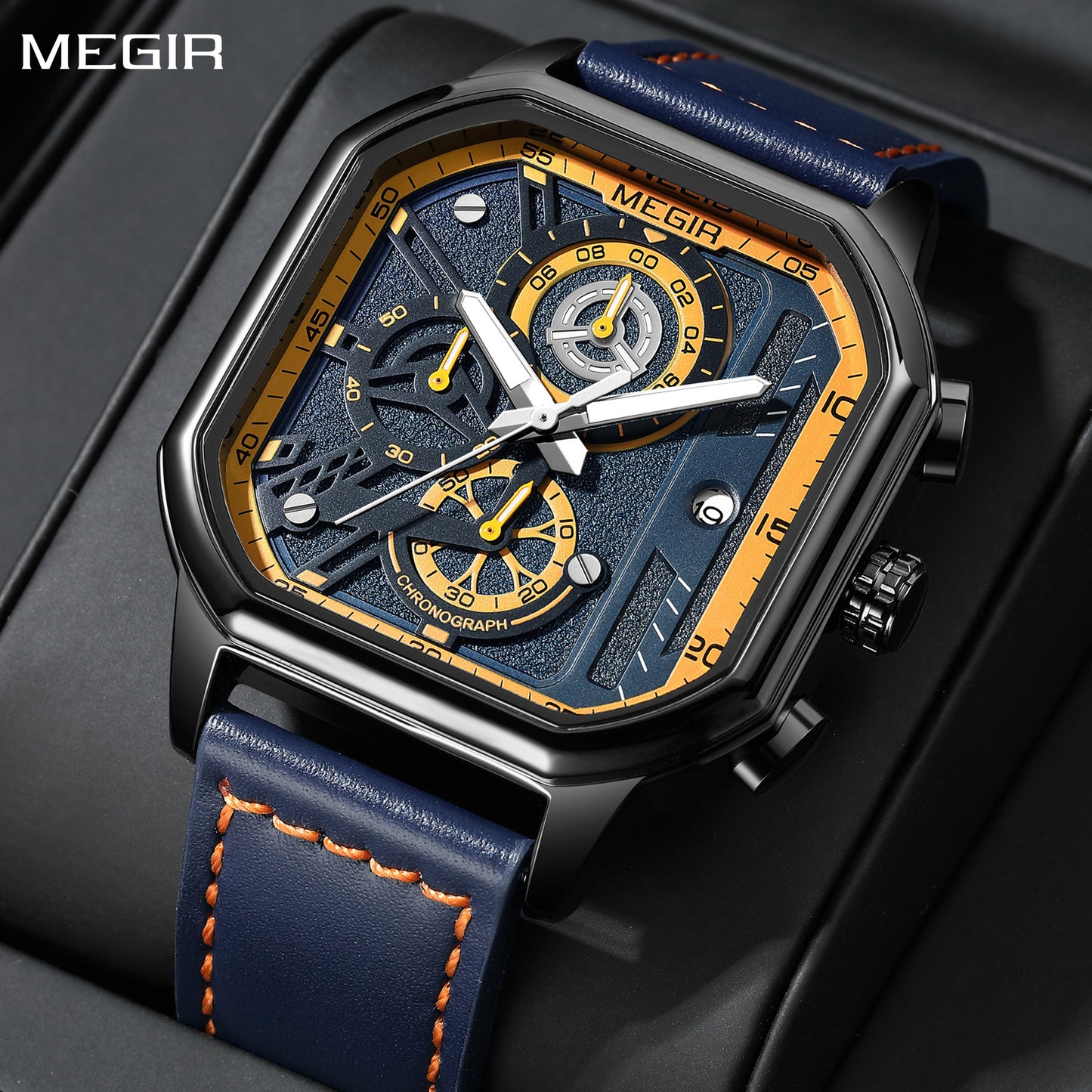 MEGIR Fashion Men's Squre Sport Watch Quartz Chronograph Luminous Military WristWatches Leather Luminous Date Clock Reloj Hombre