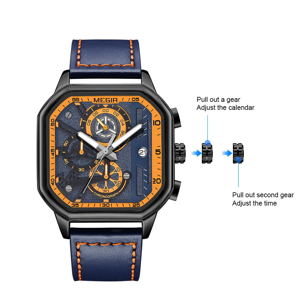 MEGIR Fashion Men's Squre Sport Watch Quartz Chronograph Luminous Military WristWatches Leather Luminous Date Clock Reloj Hombre