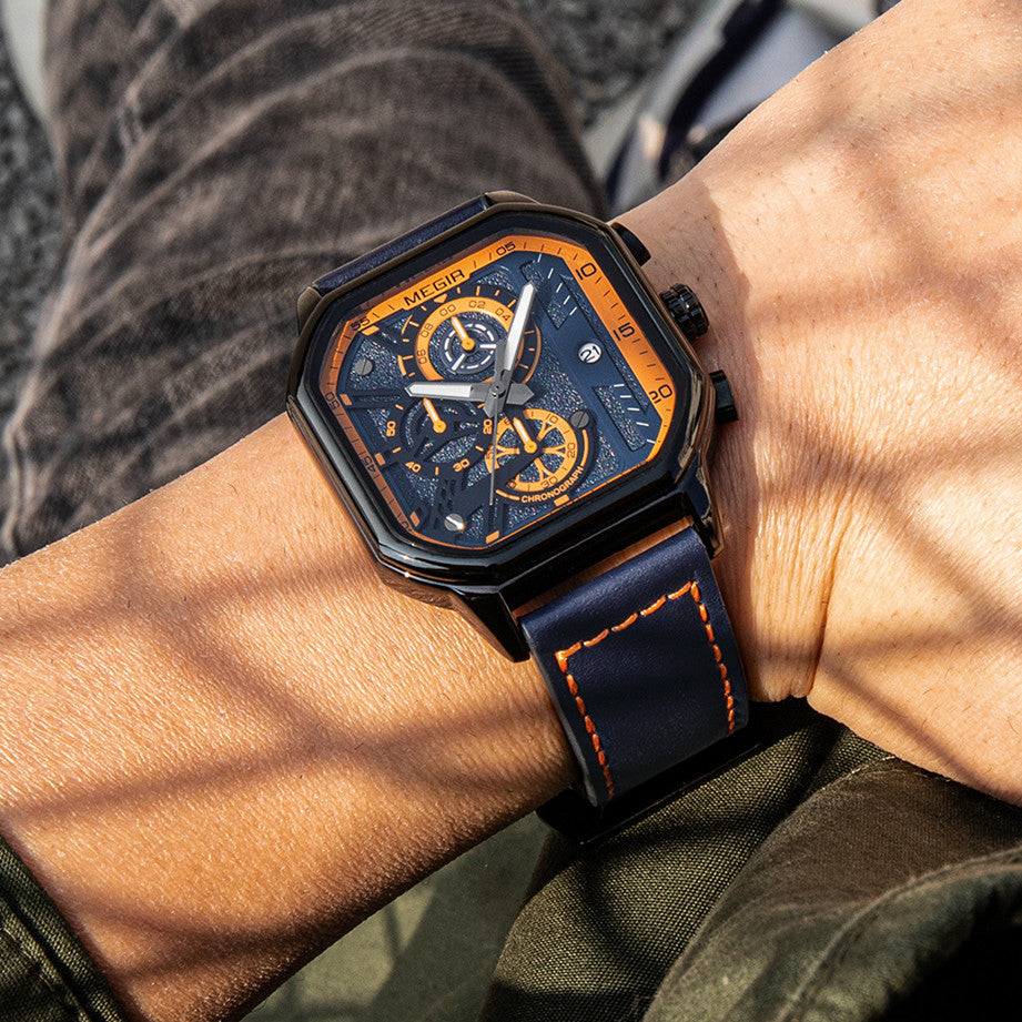 MEGIR Fashion Men's Squre Sport Watch Quartz Chronograph Luminous Military WristWatches Leather Luminous Date Clock Reloj Hombre