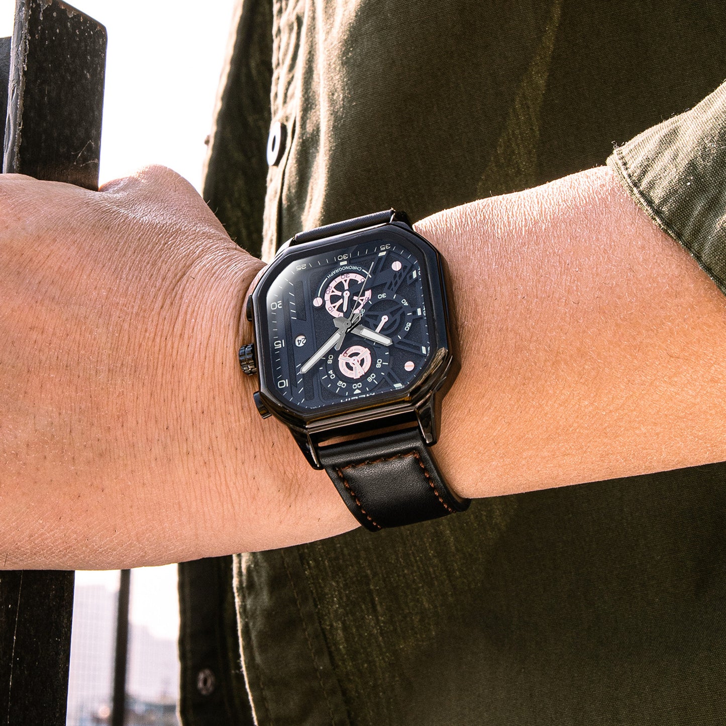 MEGIR Fashion Men's Squre Sport Watch Quartz Chronograph Luminous Military WristWatches Leather Luminous Date Clock Reloj Hombre