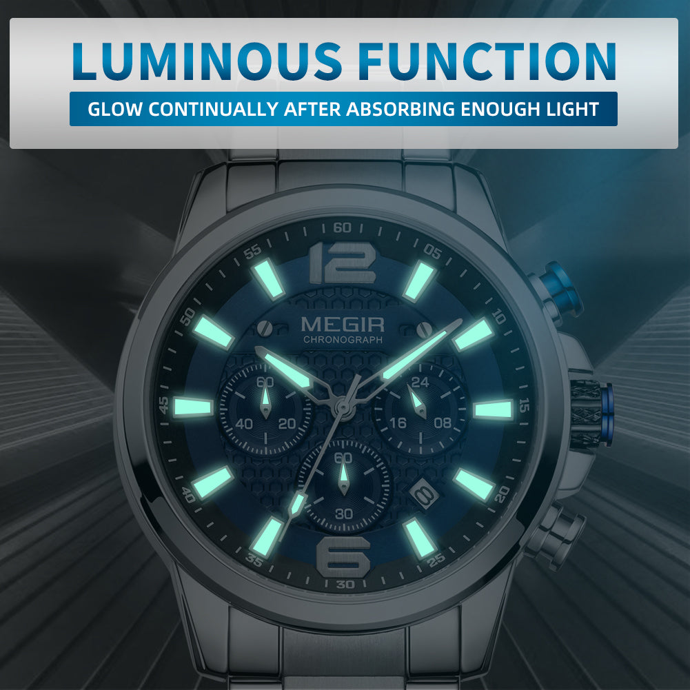 MEGIR Men's Quartz Wrist Watch Stainless Steel Band Chronograph Watches Luminous Waterproof Wristwatch Man Clock Military Watch