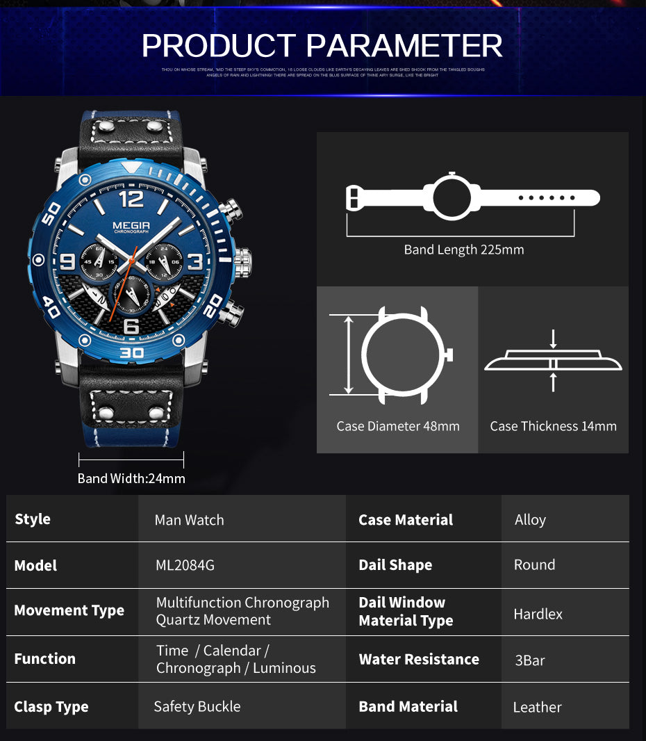 MEGIR Men's Casual Watch Top Brand Luxury Business Wrist Watch Leather Luminous Sports Military Watches Chronograph Male Clock