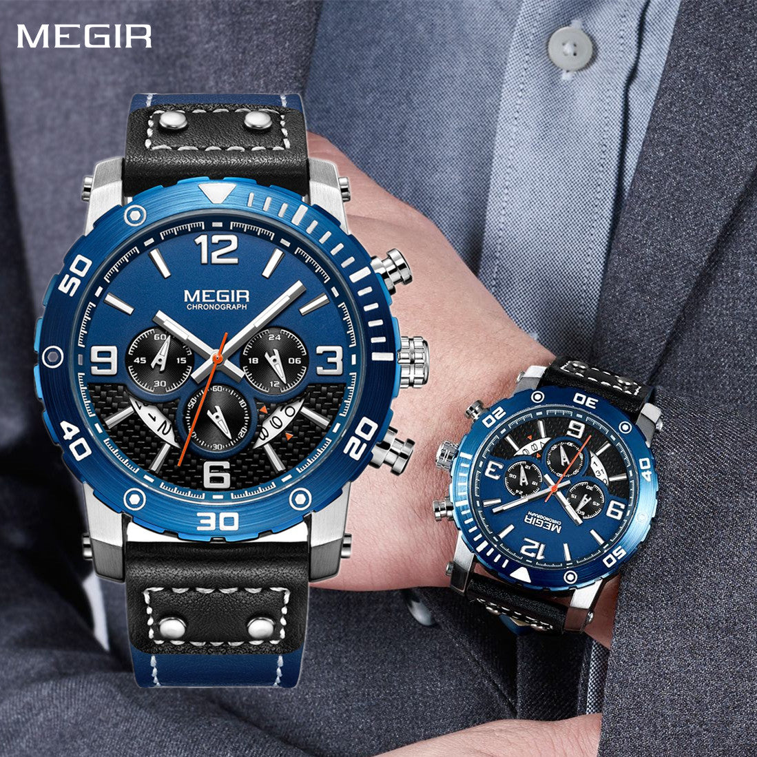 MEGIR Men's Casual Watch Top Brand Luxury Business Wrist Watch Leather Luminous Sports Military Watches Chronograph Male Clock
