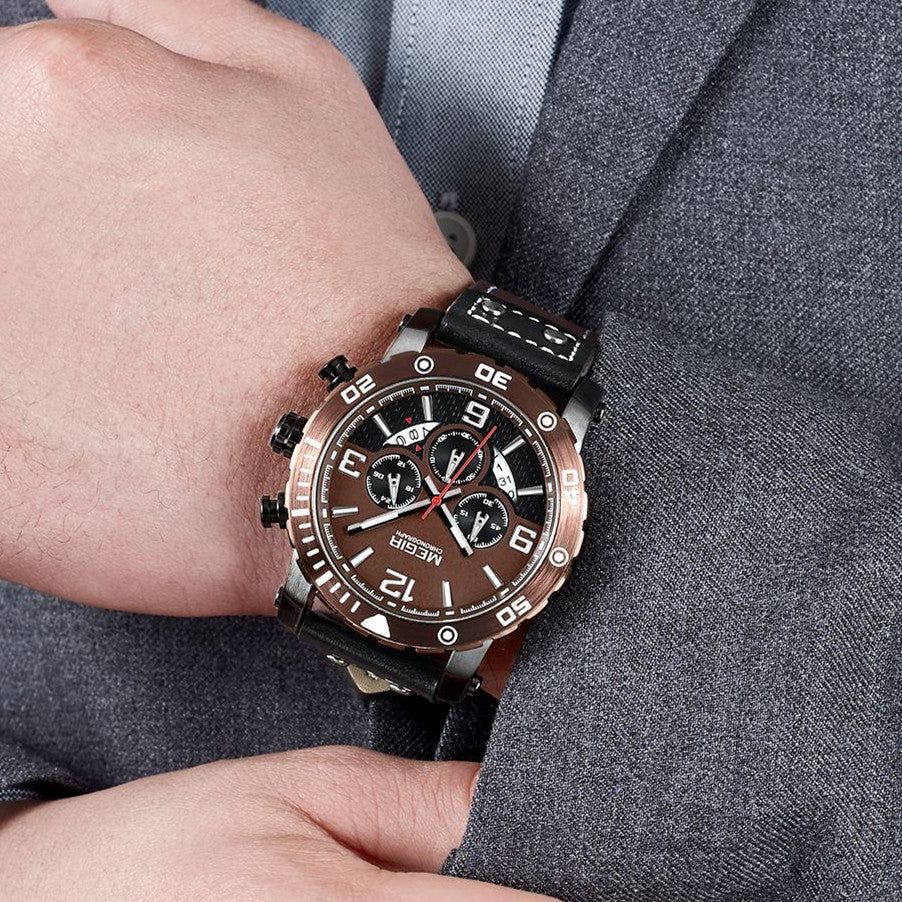 MEGIR Men's Casual Watch Top Brand Luxury Business Wrist Watch Leather Luminous Sports Military Watches Chronograph Male Clock