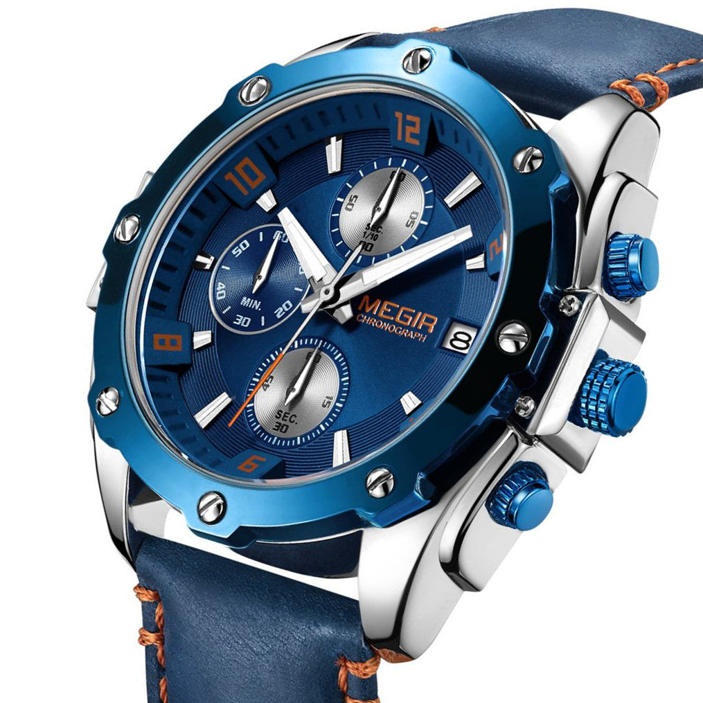 MEGIR Chronograph Men Watch Relogio Masculino Leather Strap Business Quartz Watch Clock Waterproof Date Army Military Wristwatch