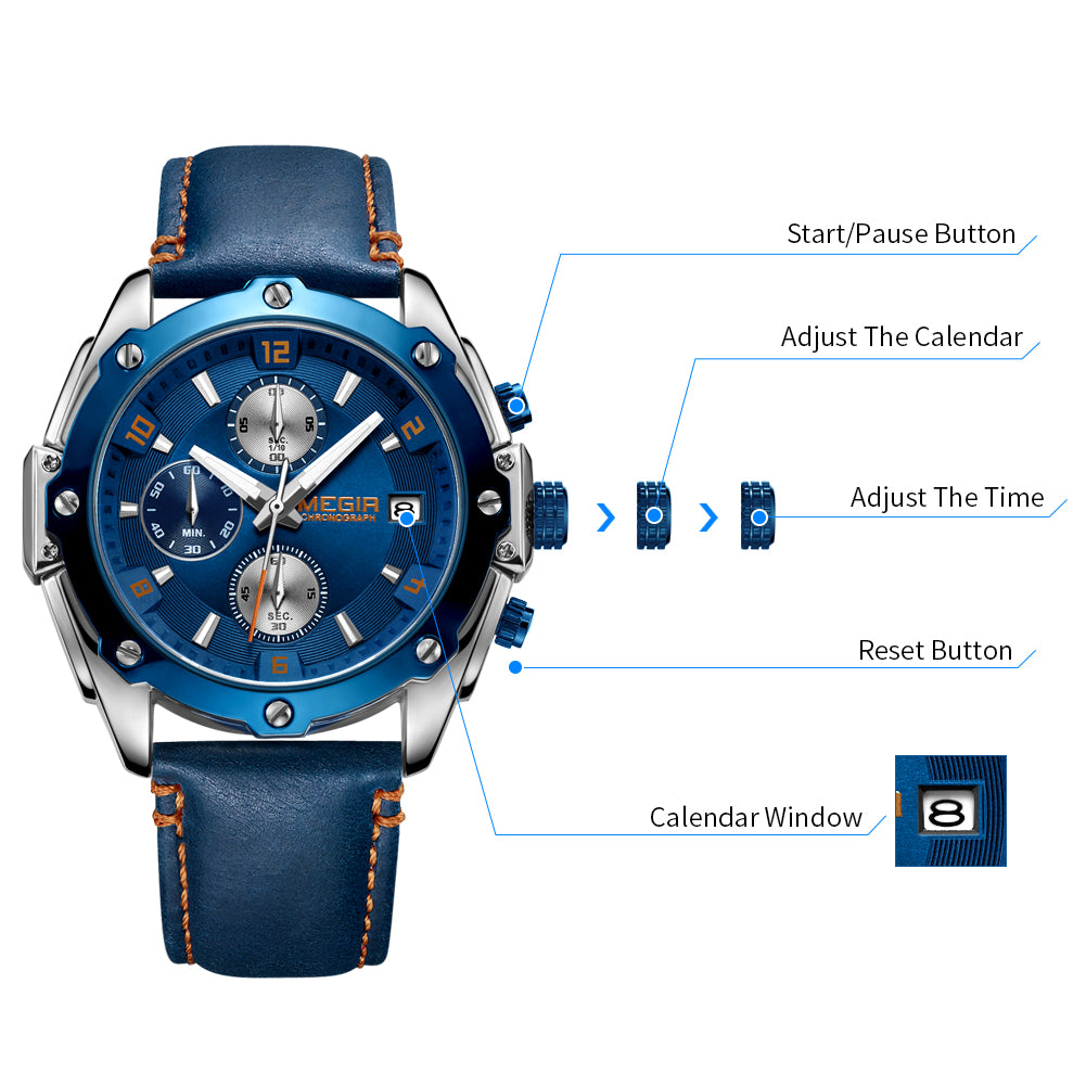 MEGIR Chronograph Men Watch Relogio Masculino Leather Strap Business Quartz Watch Clock Waterproof Date Army Military Wristwatch