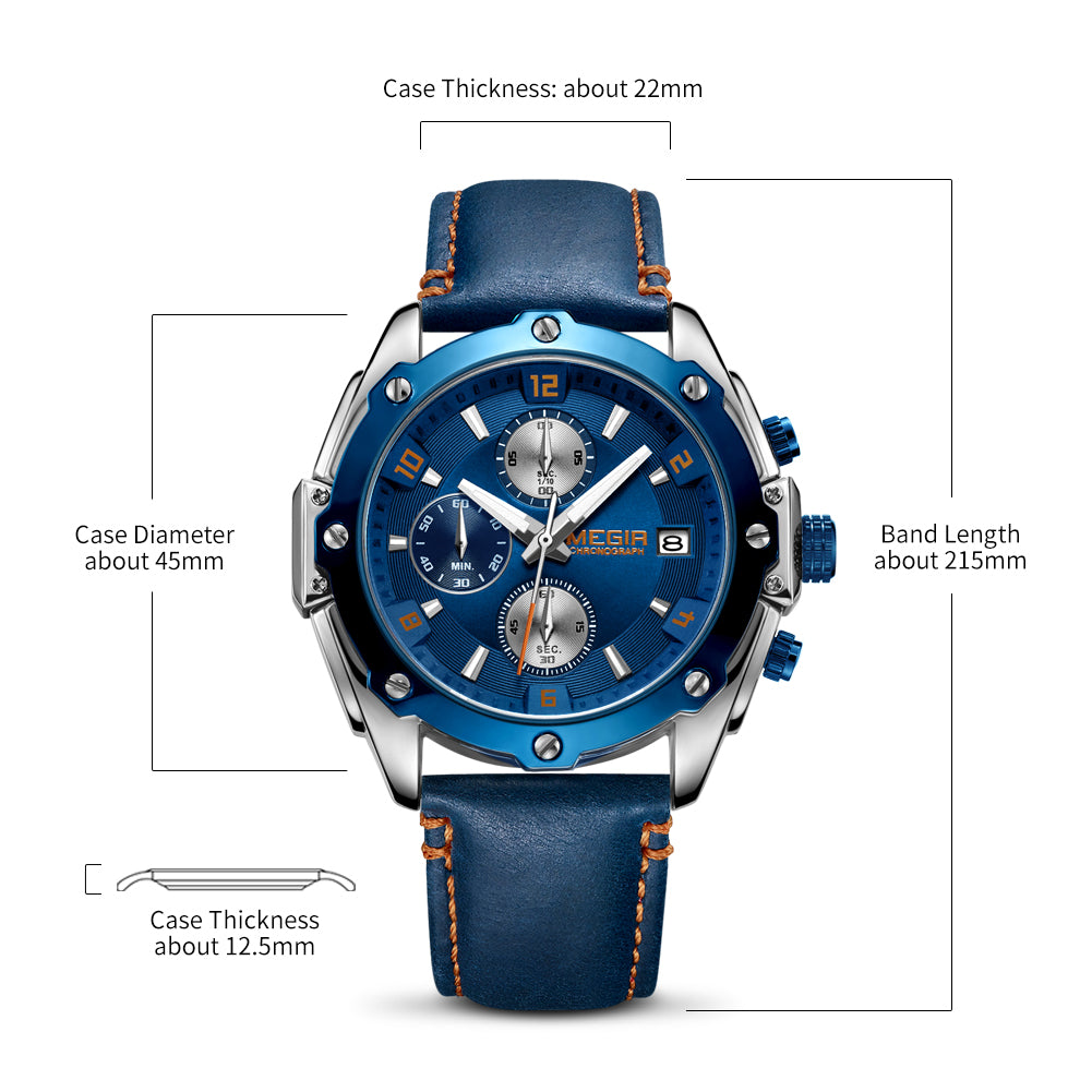 MEGIR Chronograph Men Watch Relogio Masculino Leather Strap Business Quartz Watch Clock Waterproof Date Army Military Wristwatch
