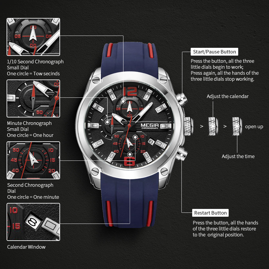 MEGIR Sport Watch Silicone Strap Chronograph Men Quartz Military Watch Waterproof Wrist Watches Relogio Masculino Man Clock