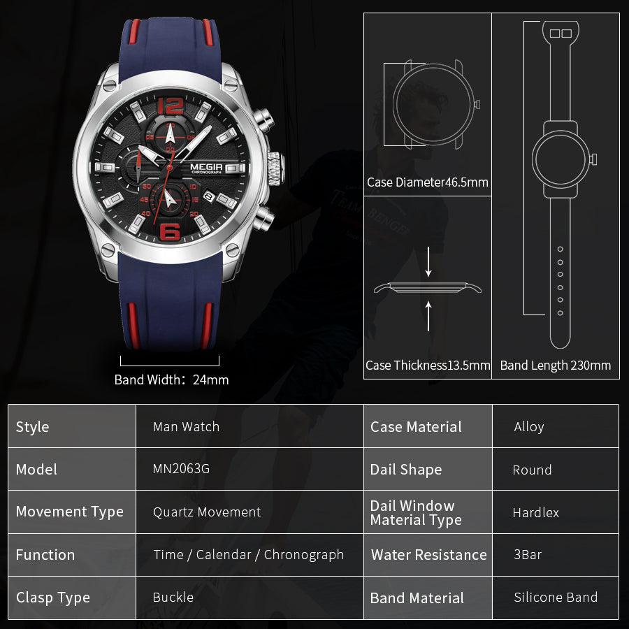 MEGIR Sport Watch Silicone Strap Chronograph Men Quartz Military Watch Waterproof Wrist Watches Relogio Masculino Man Clock