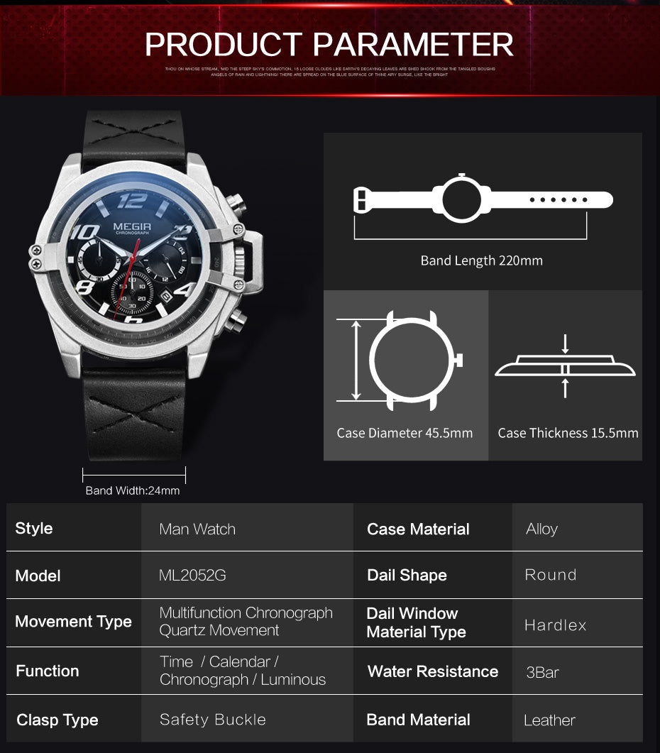 MEGIR Fashion Mens Watch Top Brand Luxury Sports Watches Waterproof Quartz Clock Leather Military Wrist Watch Relogio Masculino