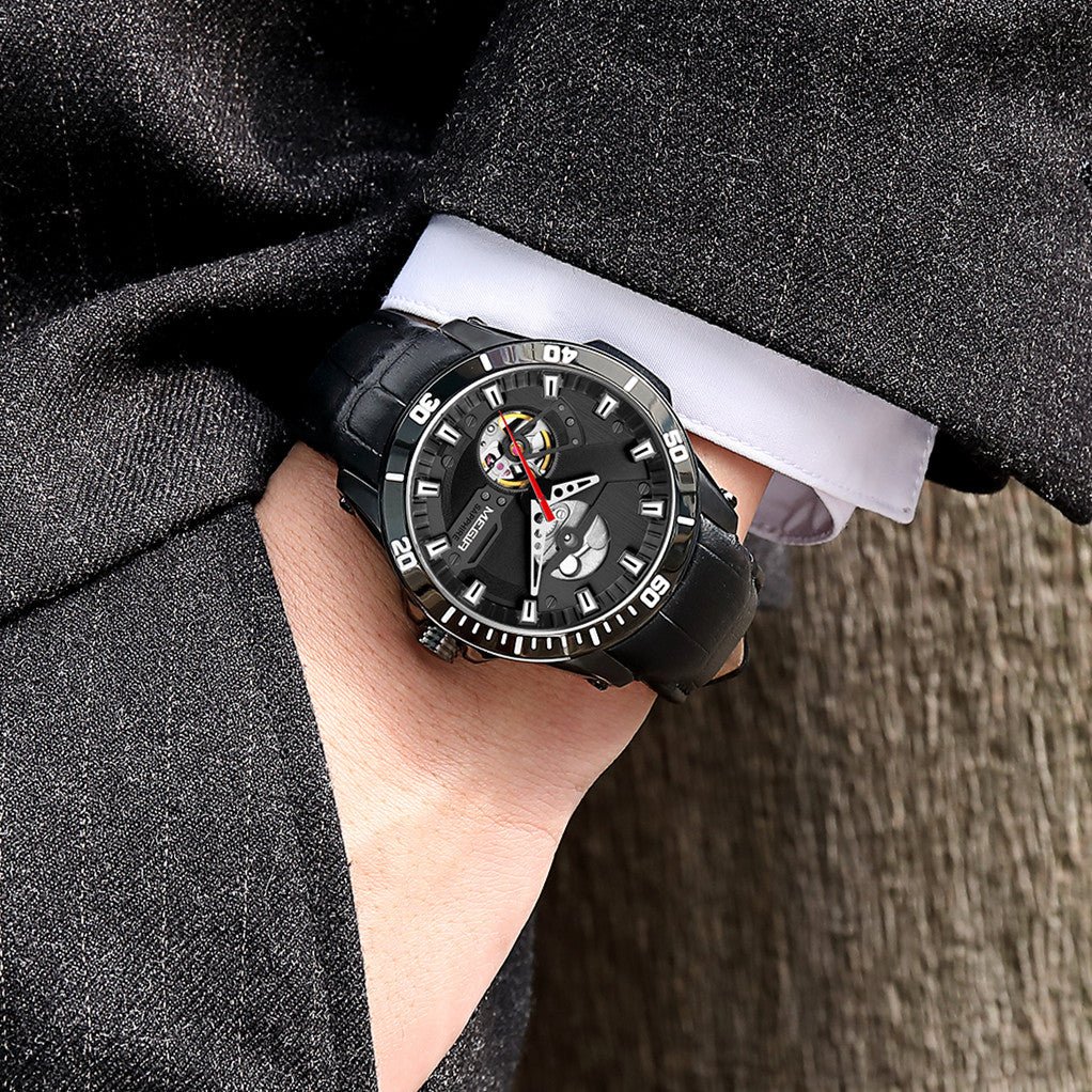 MEGIR Fashion Leather Watches for Men Sapphire Stainless Steel Automatic Mechanical Watch Sports Clock Montre Homme