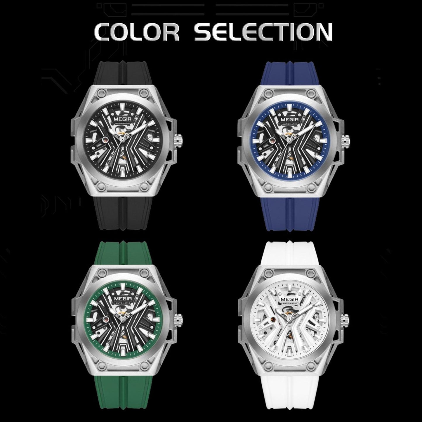 MEGIR Fashion Fully Automatic Mechanical Men's Watch Stainless Steel Case Sports Military Wristwatch Waterproof Watches Clock