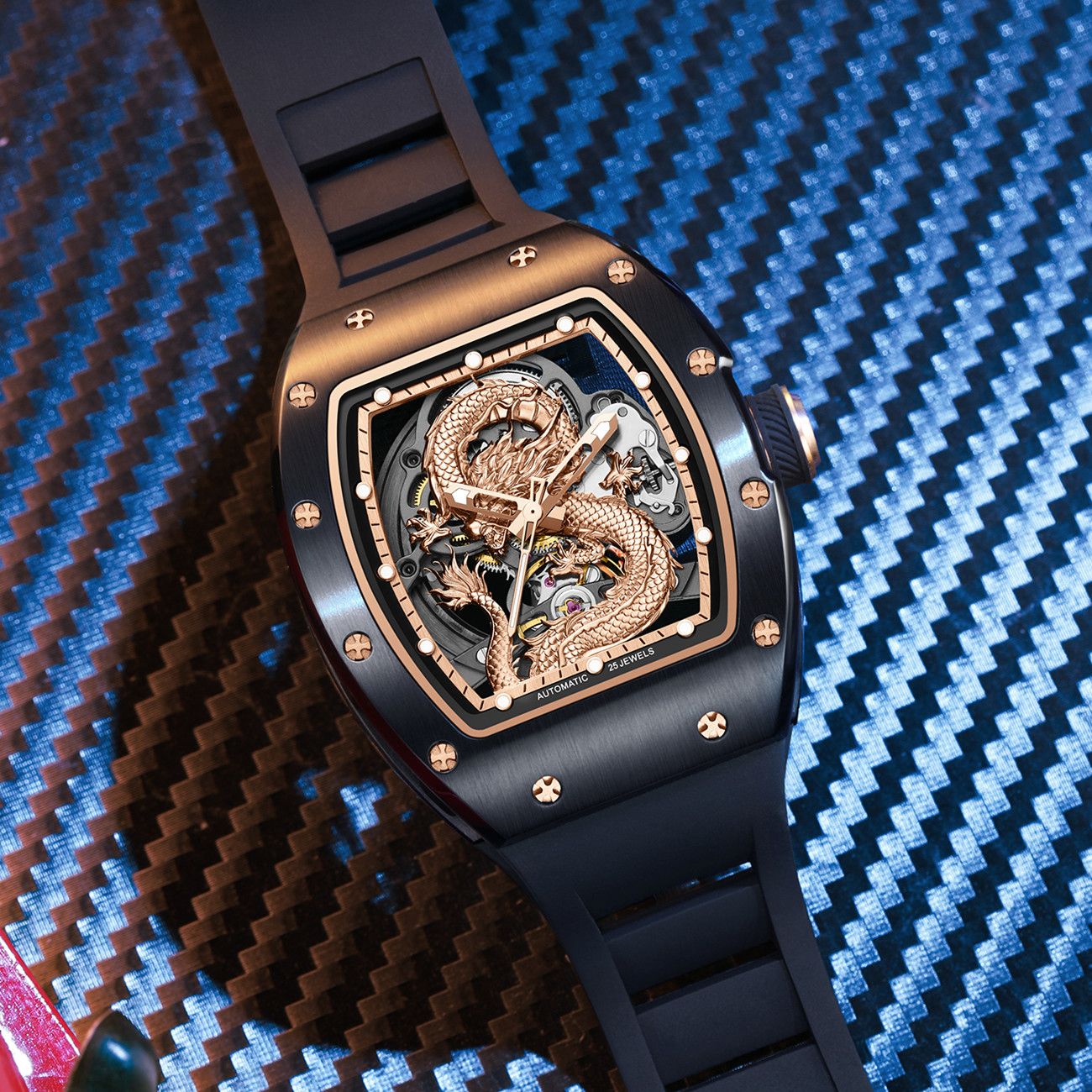 New Automatic Mechanical Skeleton Men Watch Luxury Stainless Steel Case Tonneau Dial Wristwatch Waterproof Sport Watches 9190-15-5