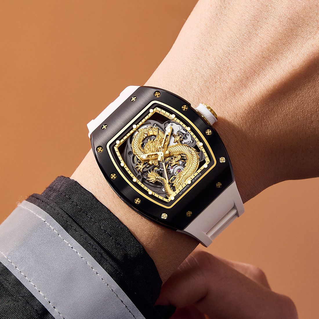 New Automatic Mechanical Skeleton Men Watch Luxury Stainless Steel Case Tonneau Dial Wristwatch Waterproof Sport Watches 9190-15-3