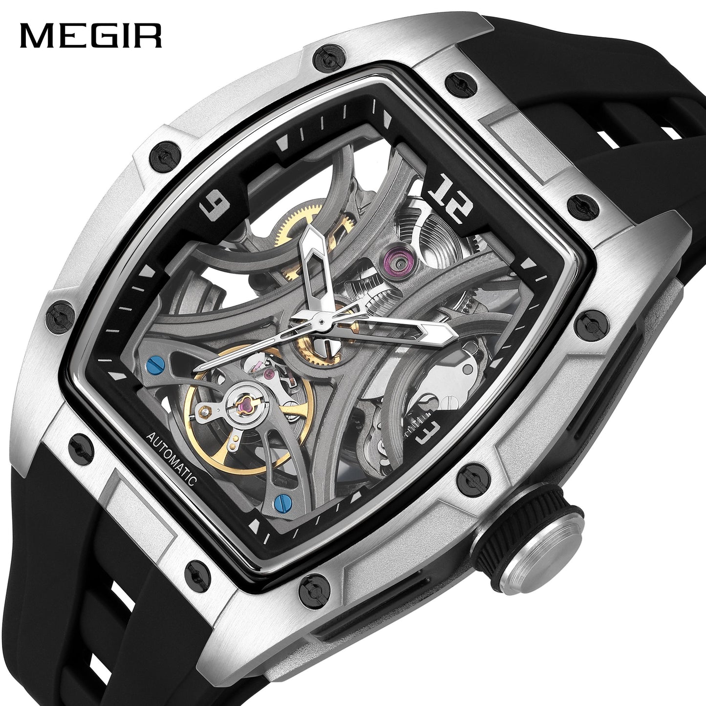 MEGIR Skeleton Dial Men Watches Luxury Automatic Mechanical Sport Watch Stainless Steel Case Man Wristwatch Clock Reloj Hombre 2245-0