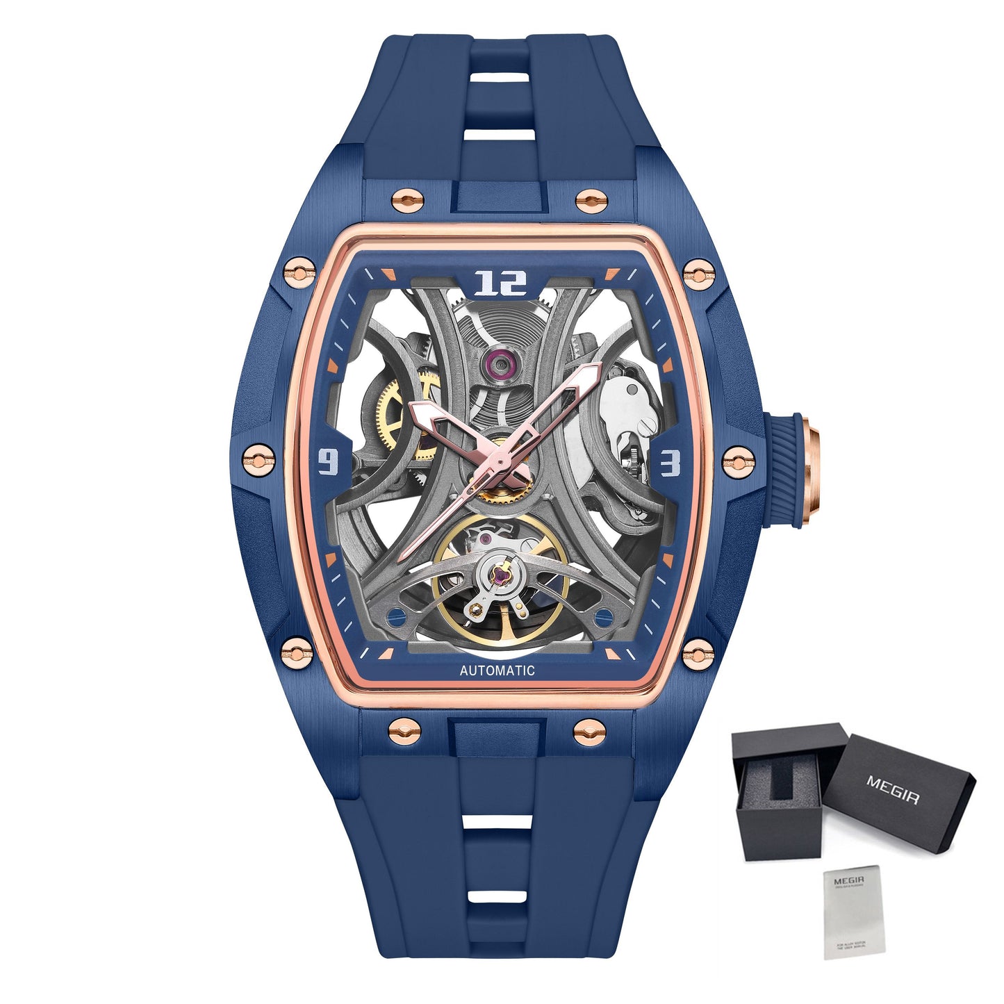 MEGIR Skeleton Dial Men Watches Luxury Automatic Mechanical Sport Watch Stainless Steel Case Man Wristwatch Clock Reloj Hombre 2245-14