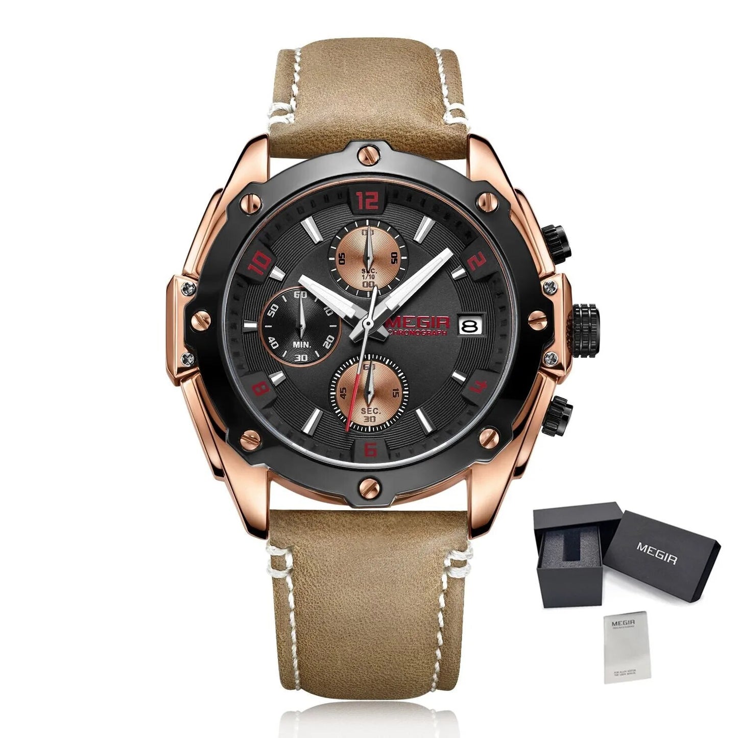 MEGIR Chronograph Men Watch Relogio Masculino Leather Strap Business Quartz Watch Clock Waterproof Date Army Military Wristwatch