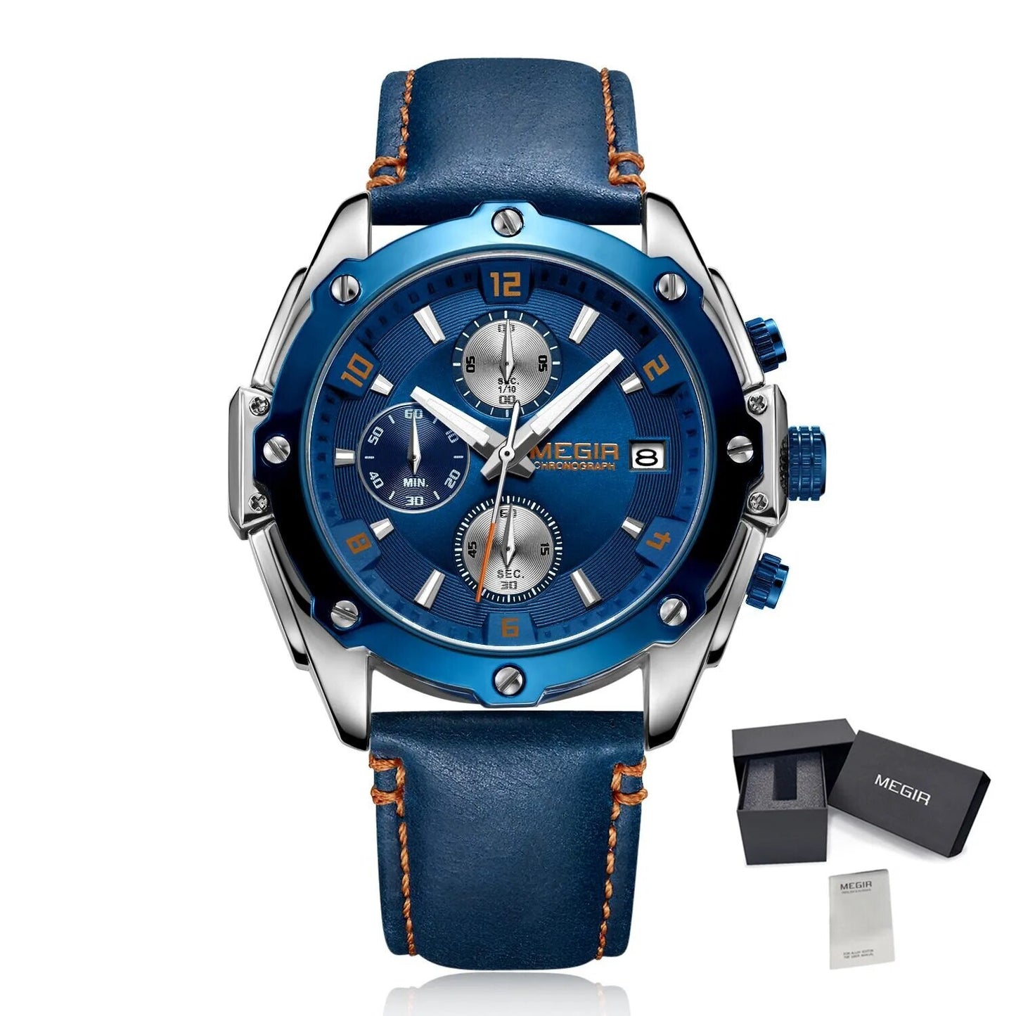 MEGIR Chronograph Men Watch Relogio Masculino Leather Strap Business Quartz Watch Clock Waterproof Date Army Military Wristwatch