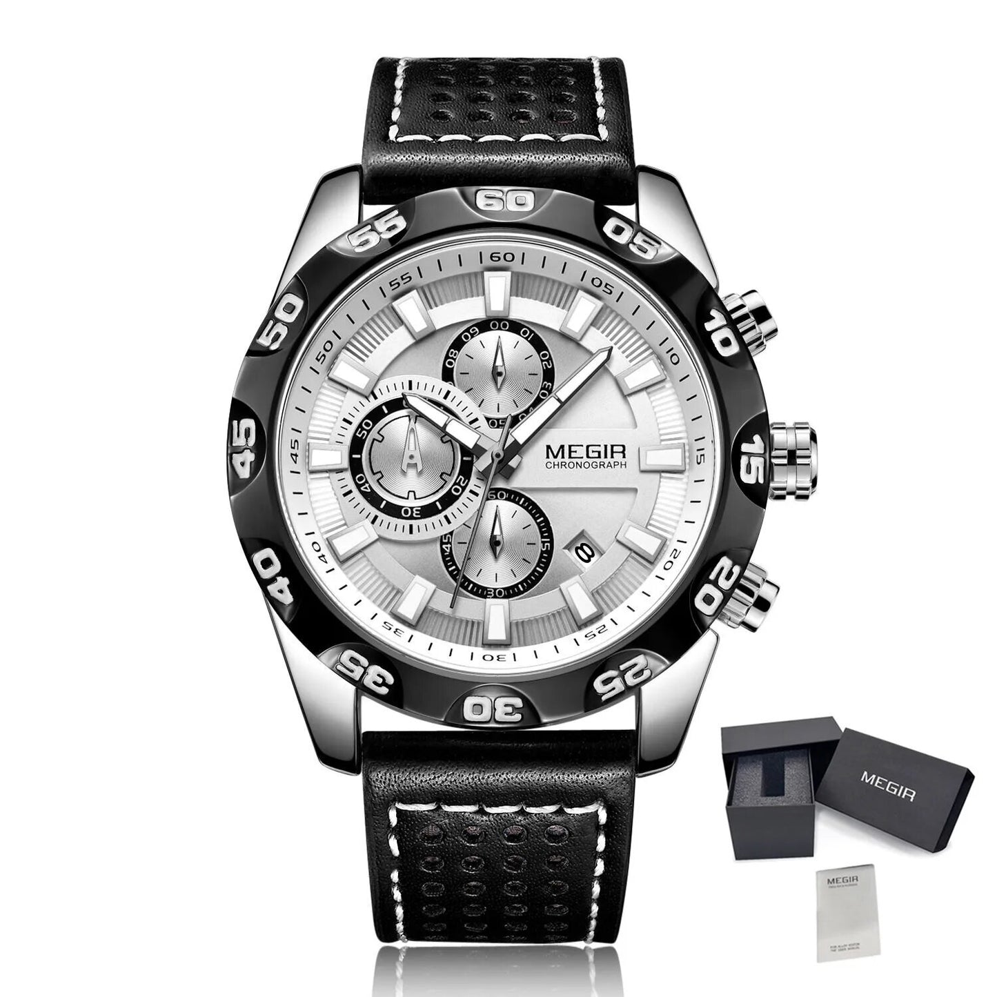 MEGIR Watches Mens Luxury Sports Military Watch Waterproof Luminous Quartz Wrist Watch Leather Casual Man Chronograph Clock