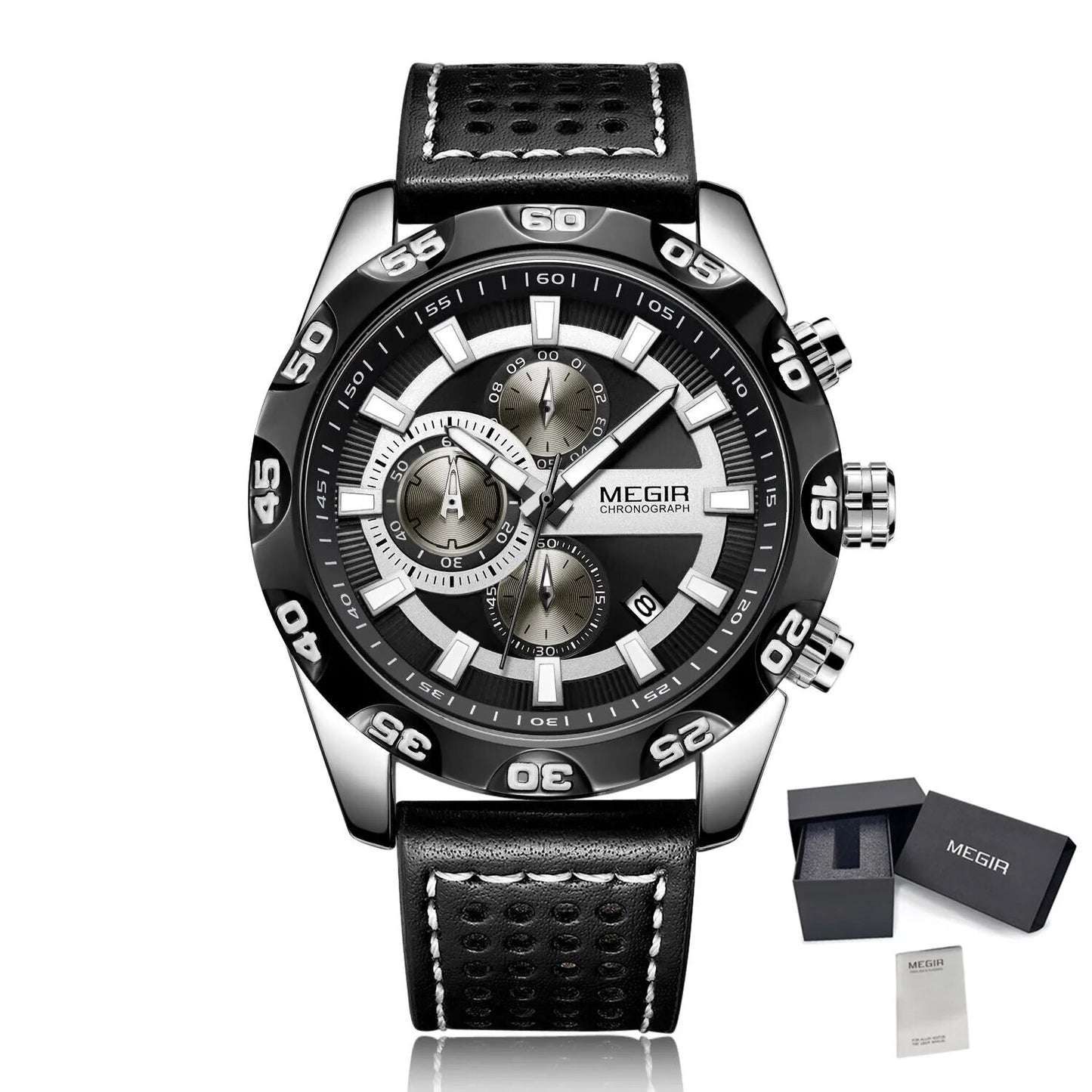 MEGIR Watches Mens Luxury Sports Military Watch Waterproof Luminous Quartz Wrist Watch Leather Casual Man Chronograph Clock