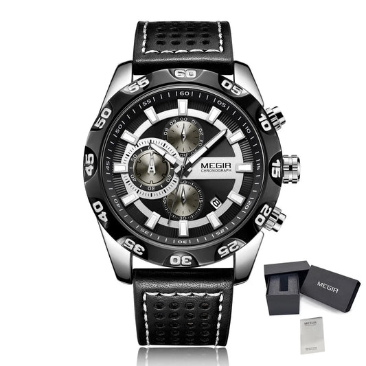 MEGIR Watches Mens Luxury Sports Military Watch Waterproof Luminous Quartz Wrist Watch Leather Casual Man Chronograph Clock