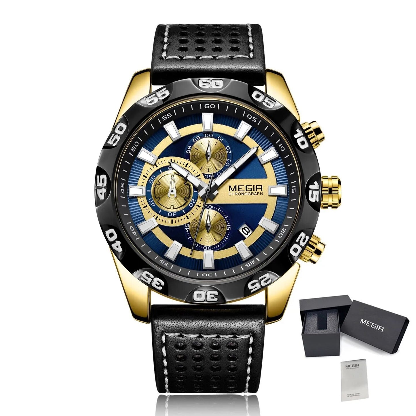 MEGIR Watches Mens Luxury Sports Military Watch Waterproof Luminous Quartz Wrist Watch Leather Casual Man Chronograph Clock