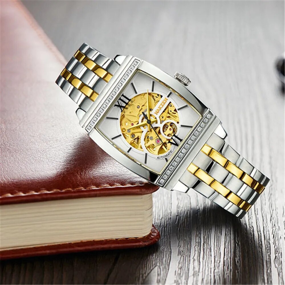 NAKZEN Rectangle Automatic Mechanical Men Watches Unique Design Tourbillon Skeleton Watch Luxury Valuable Male Clock Wrist Watch