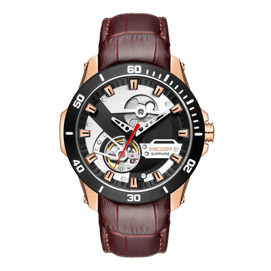 MEGIR Fashion Leather Watches for Men Sapphire Stainless Steel Automatic Mechanical Watch Sports Clock Montre Homme